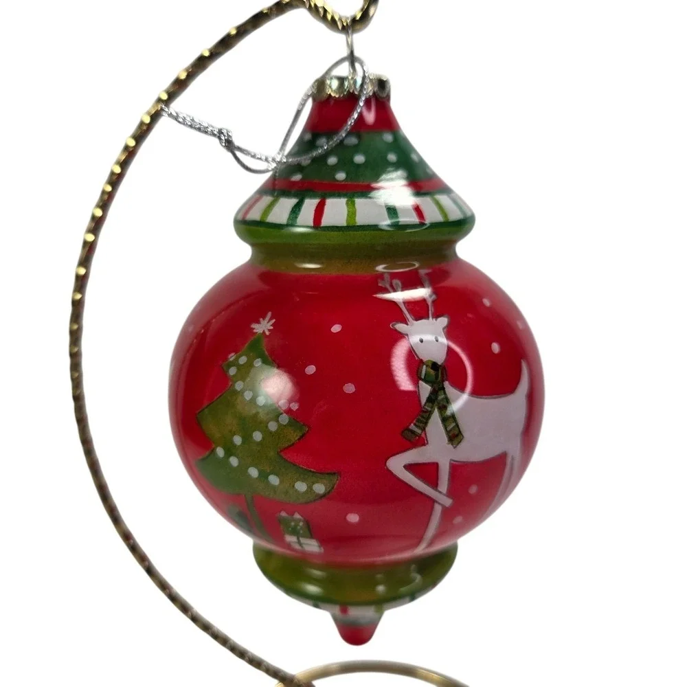 Pier 1 Li Bien Reindeer‎ Glass Ornament Handpainted Finial Red 2012 Gift Box